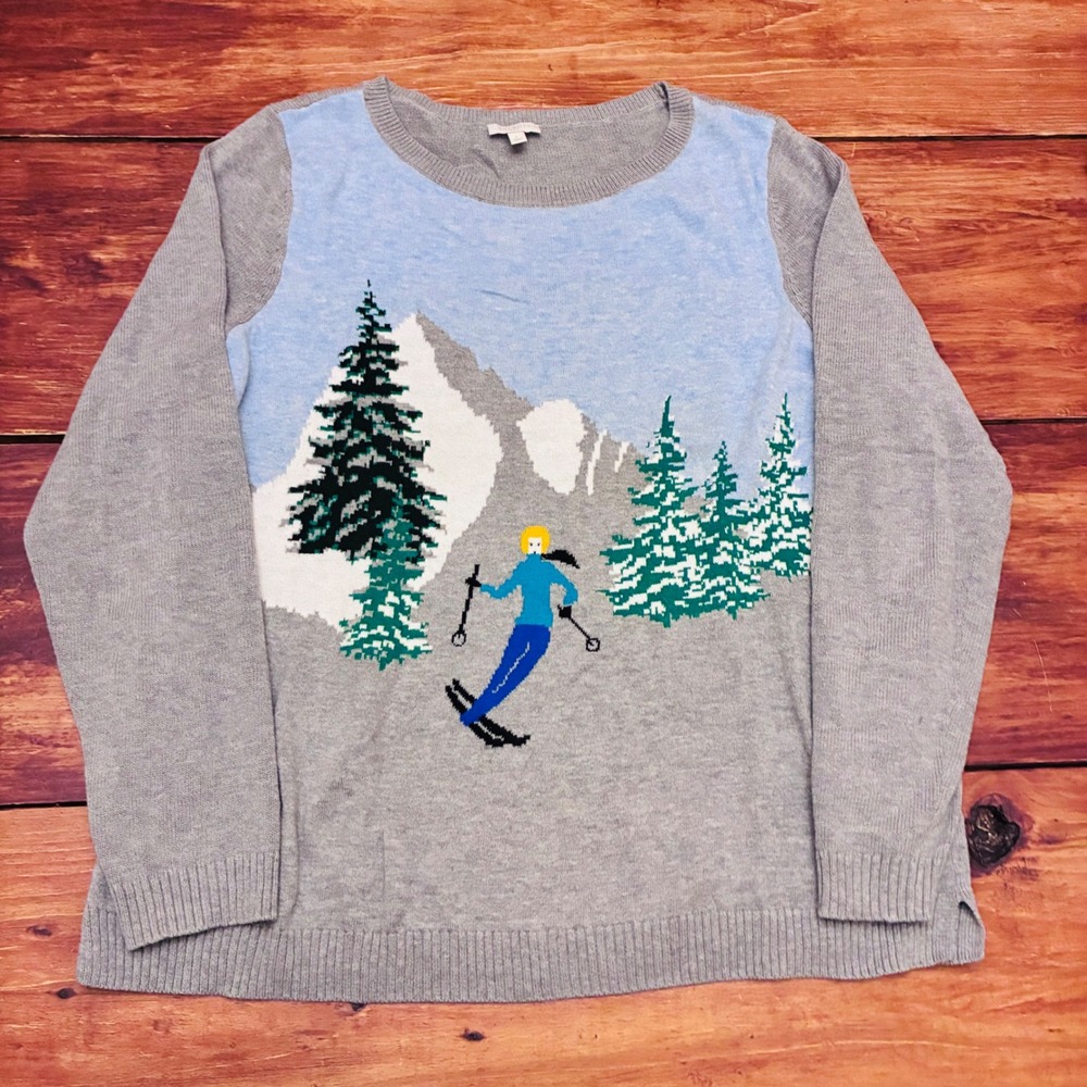 Talbots Women's L Gray Skiing Mountain Scene Knit Sweater Long Sleeve Crew Neck